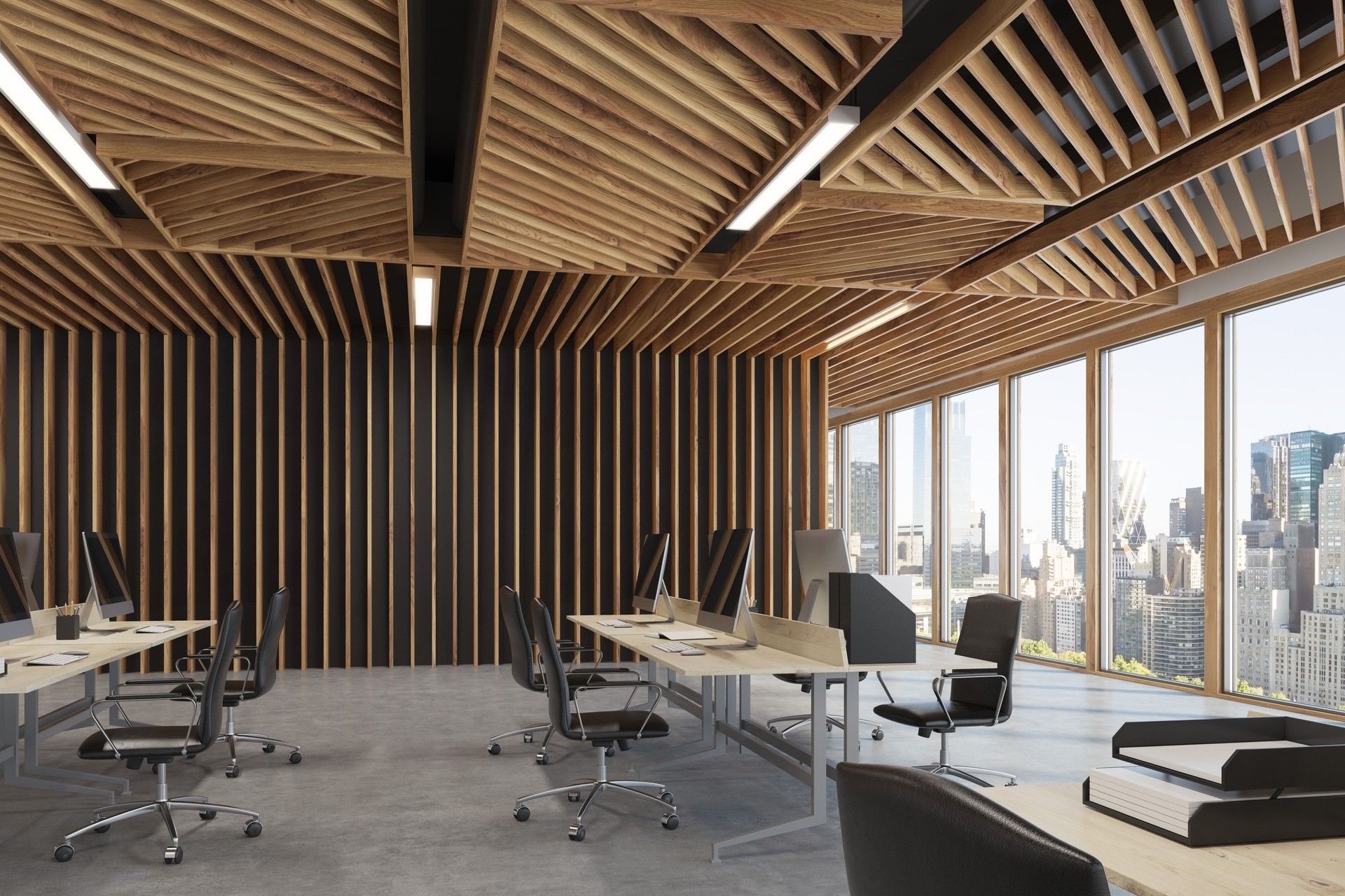 Two rows wooden open space office