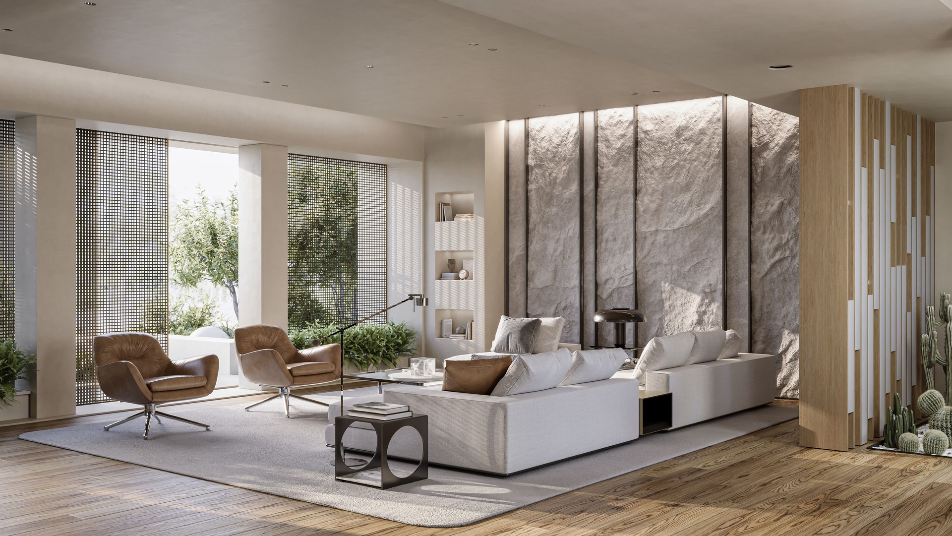 Mountain Rock Wall in modern living room interior. Natural indoor stone wall, 3d rendering
