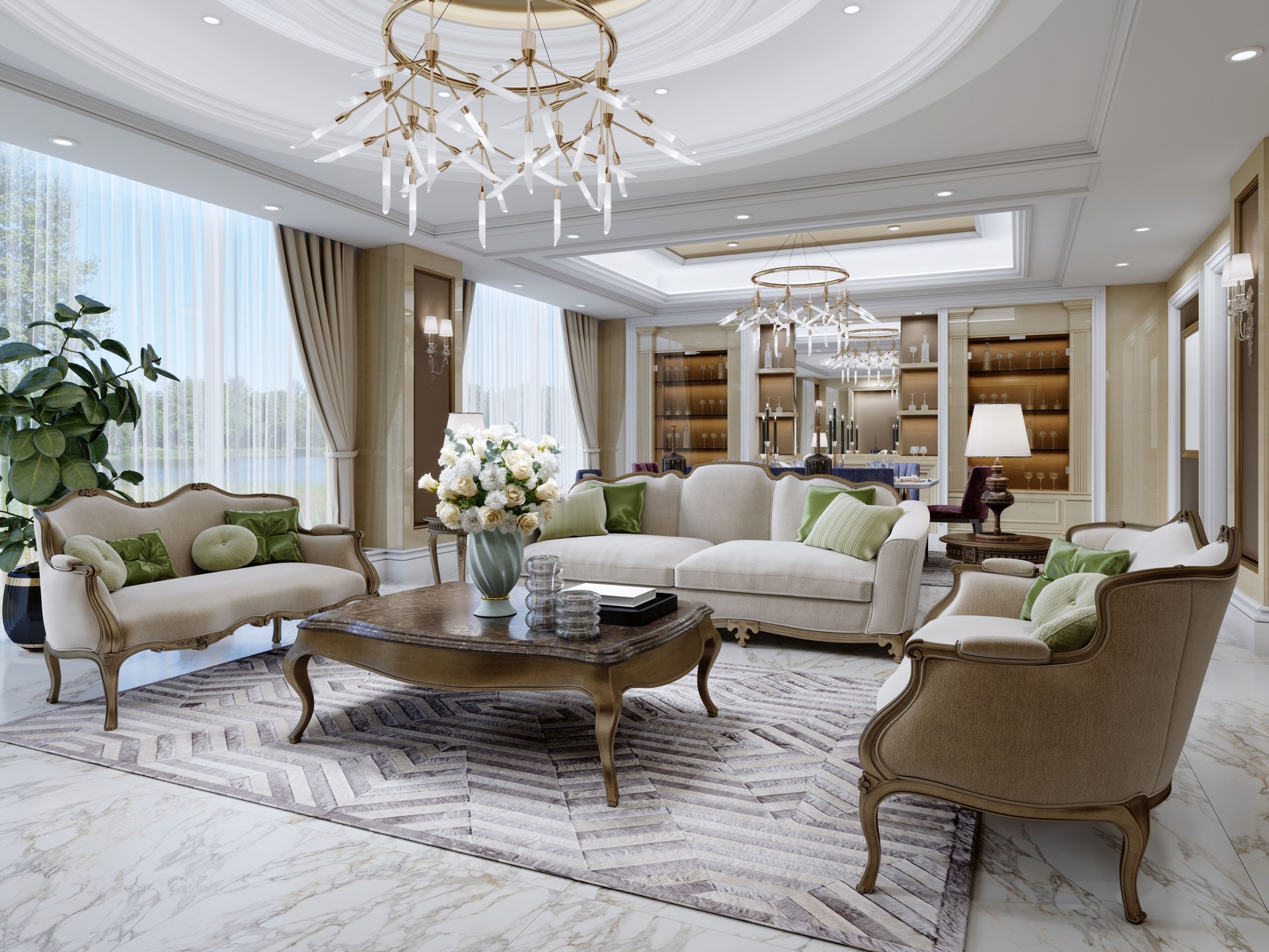 Luxurious sitting area in the living room with classic beige soft and wood furnishings in the living room and dining area.