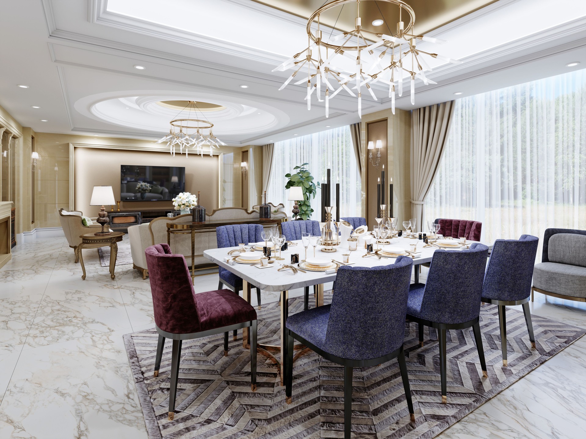 Dining area with a sumptuous dining table in the large living room with yellow walls and marble floor.