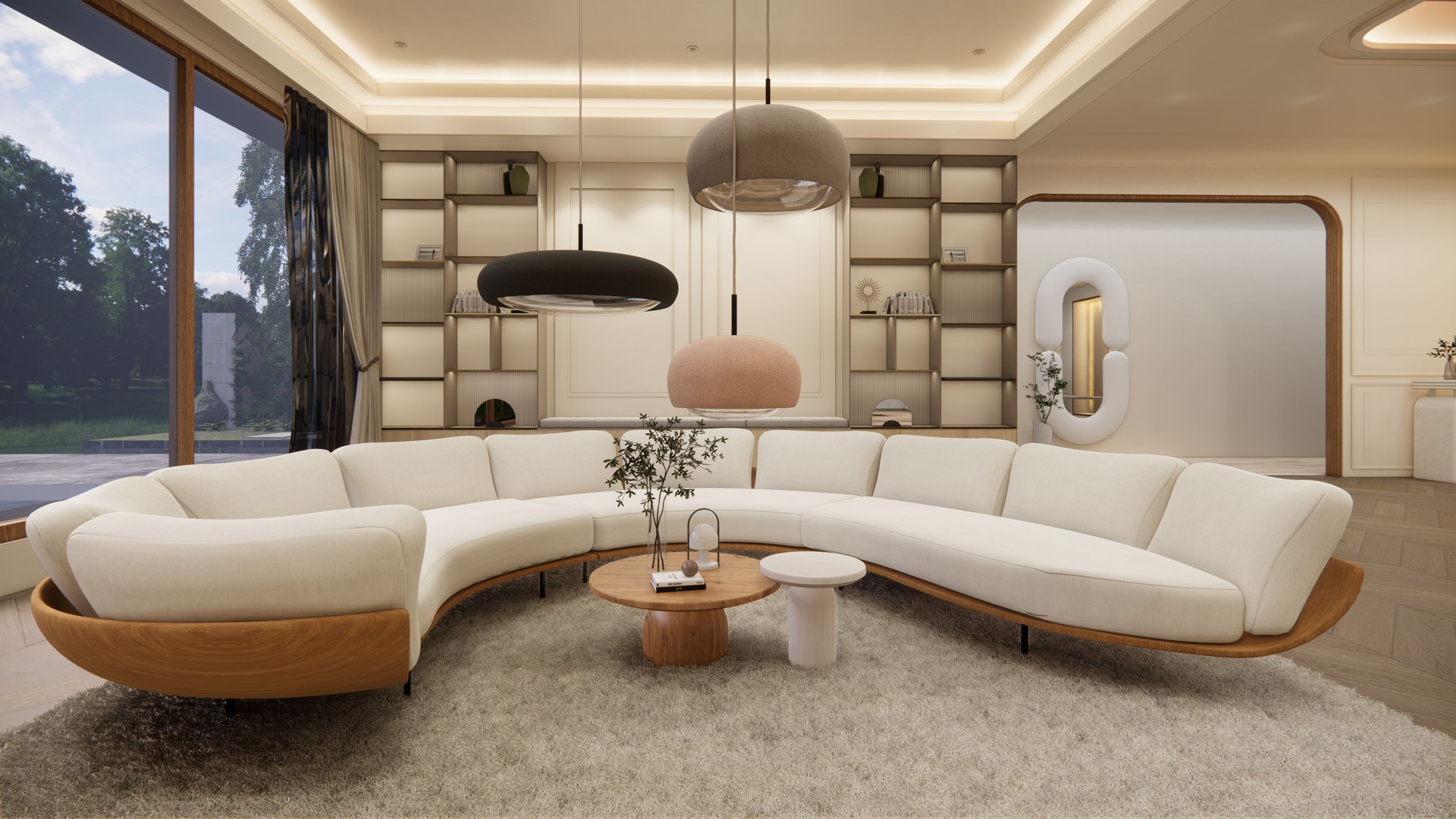 Luxurious modernity of this interior duplex house, depicted in stunning 3D rendering.Living area in modern contemporary style interior design