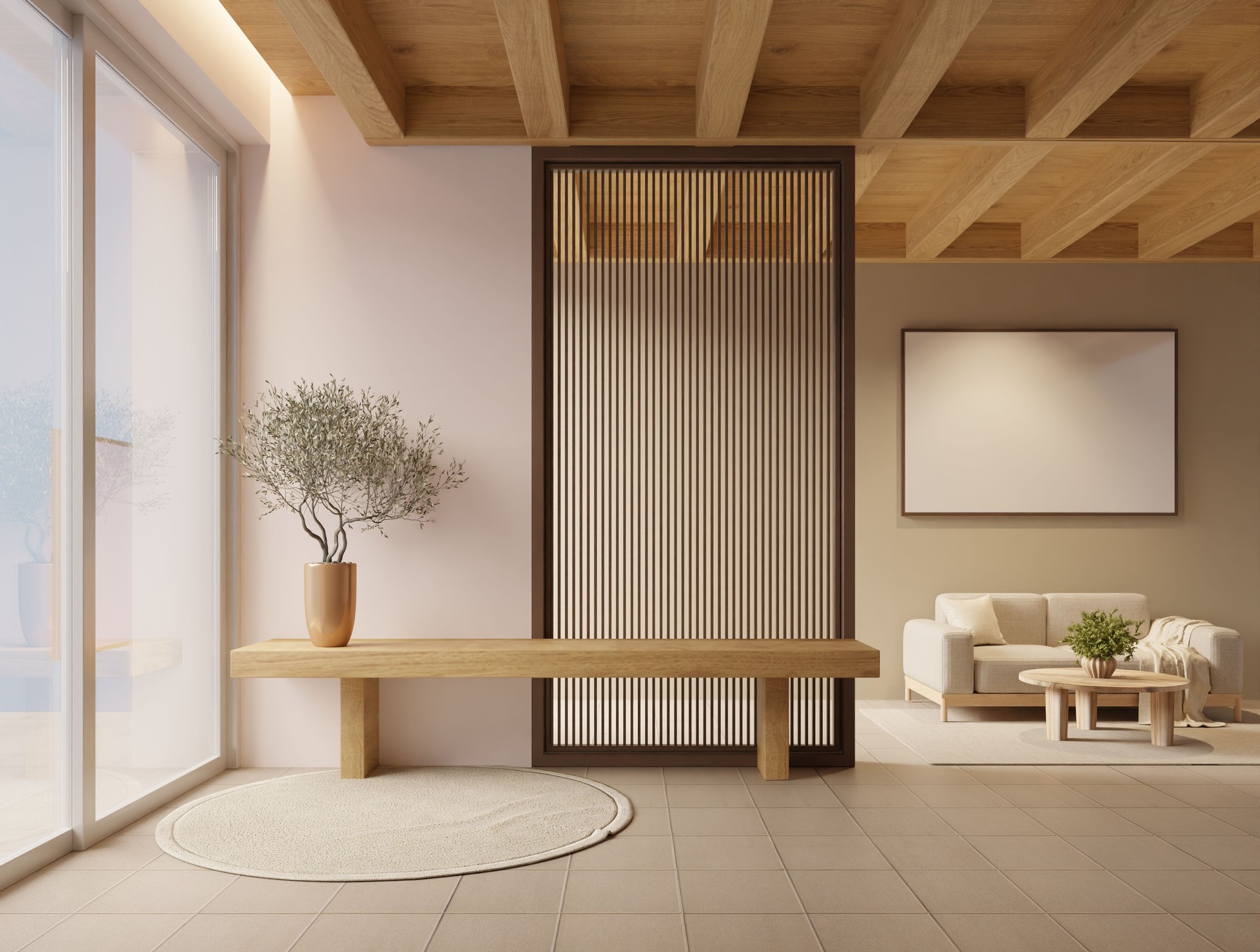 Living room with white walls and brown wood slats. A sofa is in the room and a vase with plants is on the table. 3D render