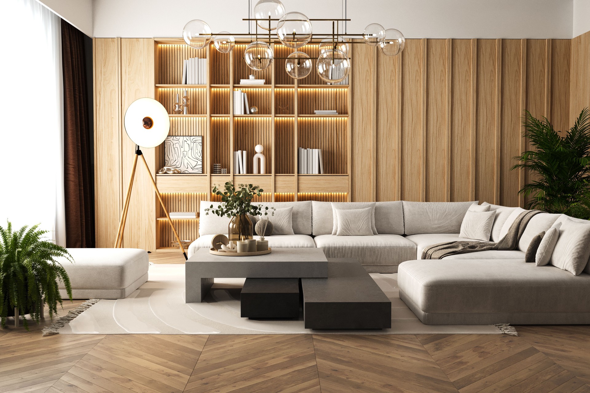 View of a luxury modern living room with cozy beige sofa and wooden bookcase furniture. Domestic Room Interior Design. 3D Modelling.