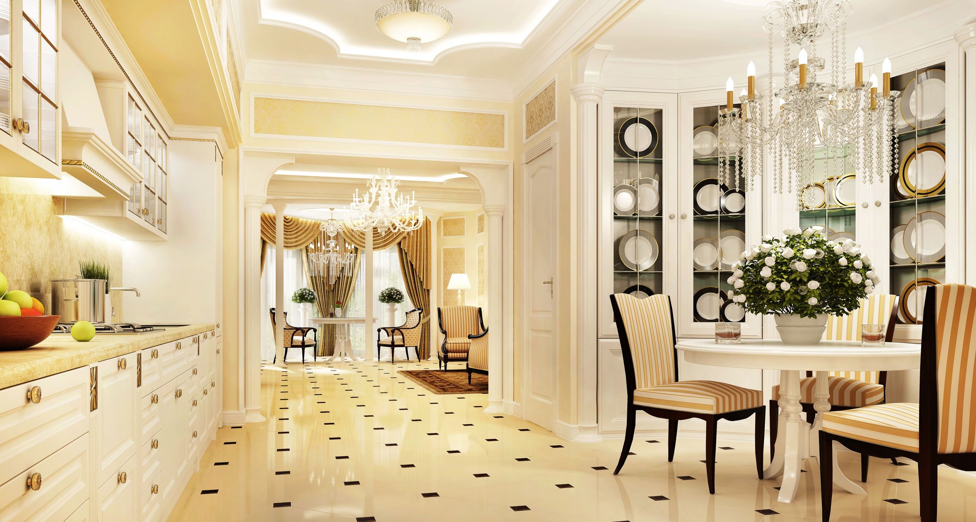 Luxurious interior with a large living room and a beautiful kitchen.