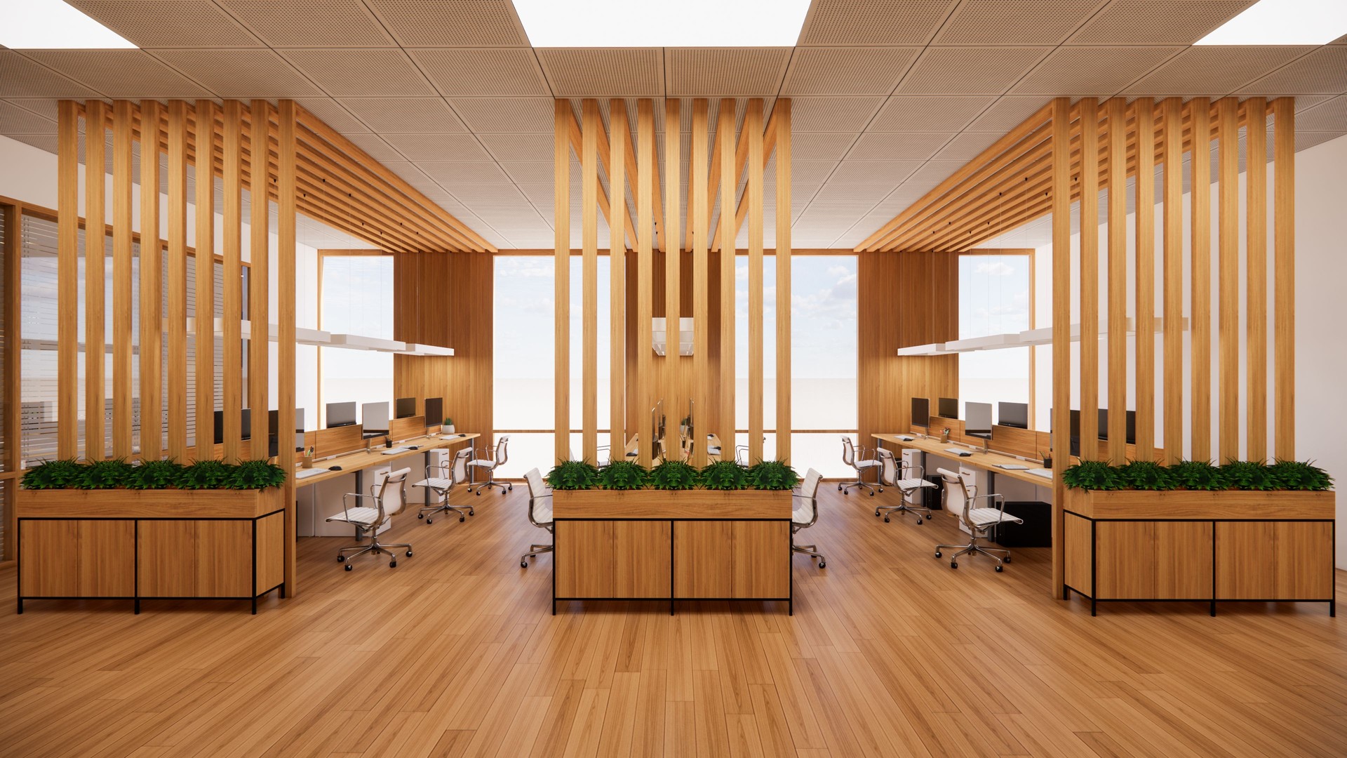 Interior Empty Modern Loft Office open space modern office footage.Modern open concept Lobby and reception area meeting room design. 3dRendering .