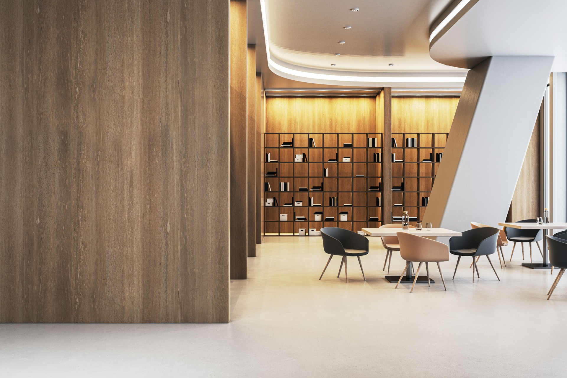 Modern library cafe interior with bookshelves and seating area. 3D Rendering