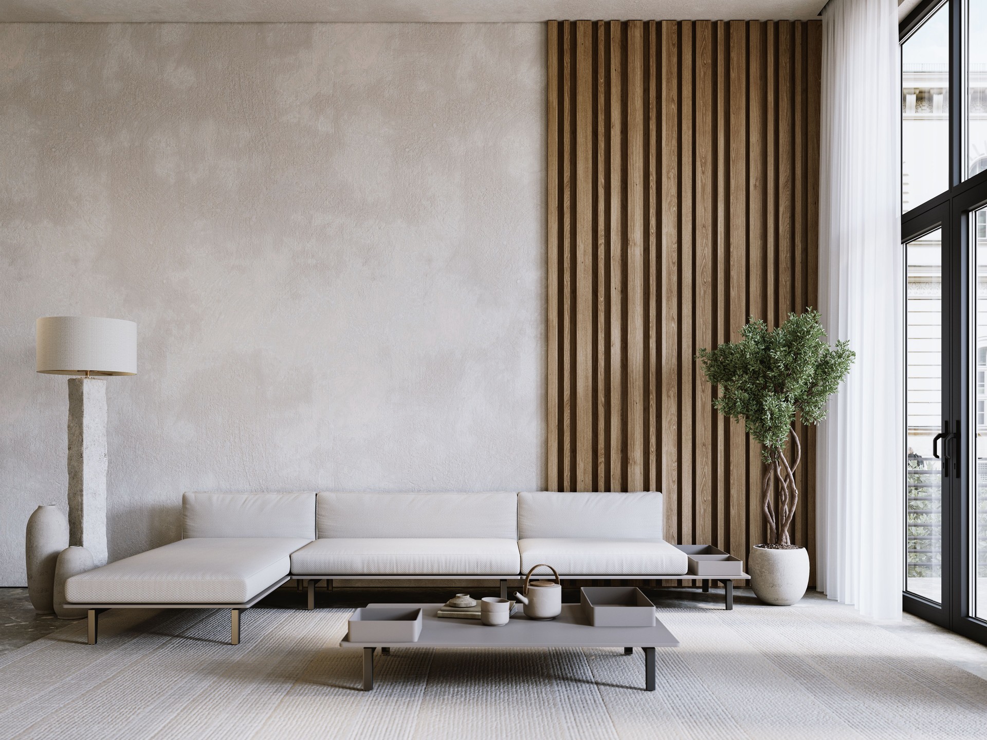 Contemporary minimalist interior with sofa, gray stucco wall, wood panels, coffee table and decor. 3d render illustration mockup.